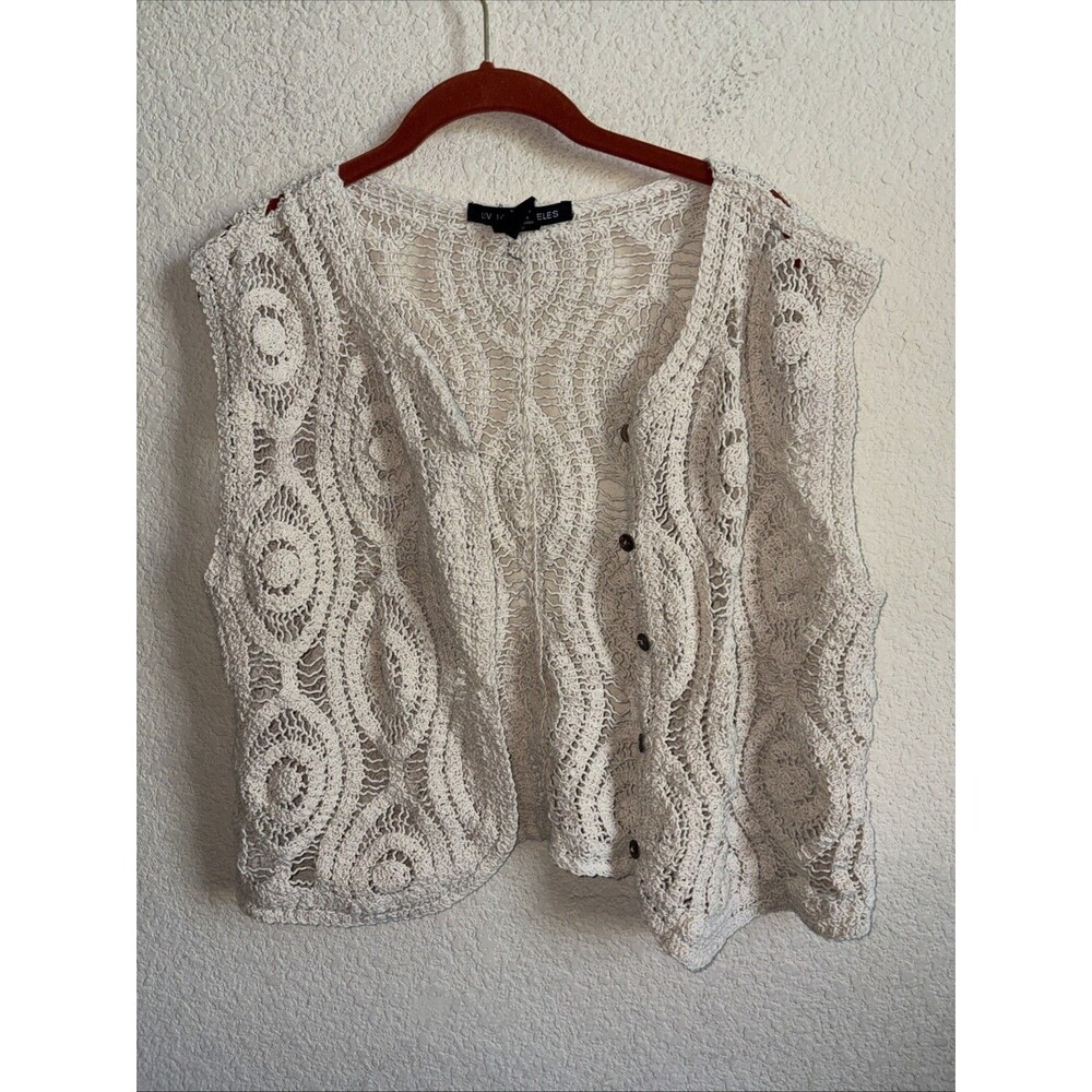 Open knit Crochet Vest Liv Los Angeles Beige L Cottagecore boho Button Cardigan